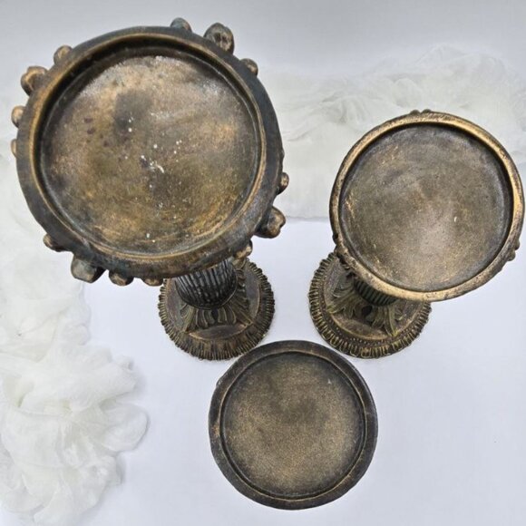 Set of 3 Roman Style Candlesticks | Vintage Green & Gold Pillar Candle Holders - Picture 4 of 12